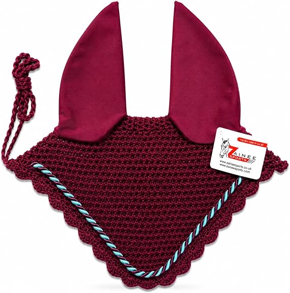 Horse Ear Bonnet for Horses Breathable Crochet Riding Bonnet with Stretch Lycra Ears, 29 Colors to Match Your Tack, Pony Cob Full X-Full Equestrian Zainee Sports (Burgundy, Horse/Full)