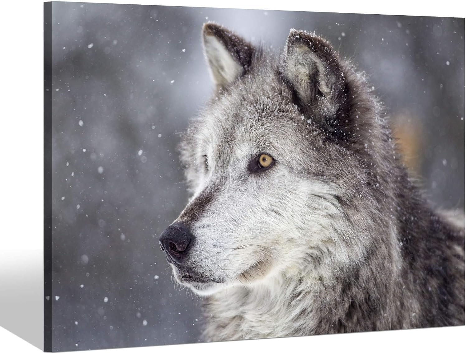 Sea Whisper Black Wolf Canvas Wall Art - Wolf Portrait Artwork Print on Canvas Black and White Wild Animals Winter Snow Scene Picture Painting for Office Kids Room