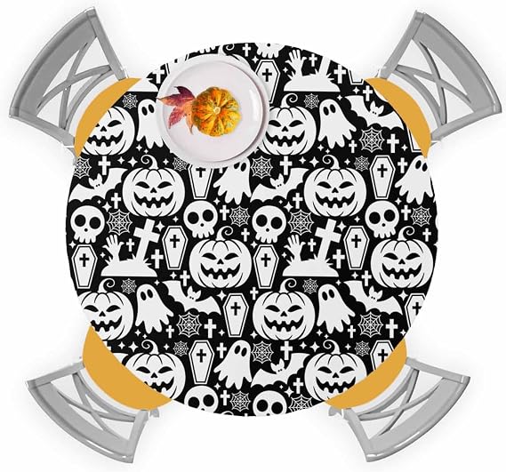 Halloween Round Fitted Tablecloth with Elastic Cover Black Skull Grimace Pumpkin Tablecloths Bat Cobwebs Ghost Tombstone Table Cover for Kitchen Dinner Party Picnic Fits Tables up to 45"- 54" Diameter
