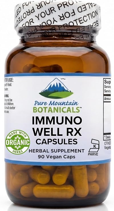 Pure Mountain Botanicals Immune Support Supplement - Immuno Well - 90 Capsules - Organic Astragalus, Echinacea, Maitake, Shiitake, Garlic, Honeysuckle - Vegan, Kosher, Non-GMO