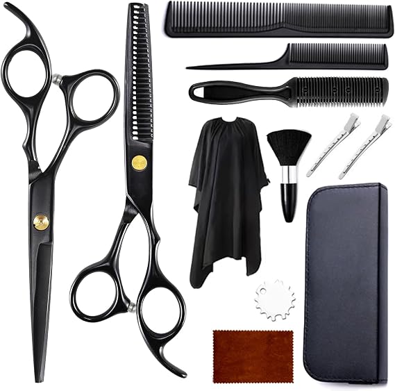 12 Pcs Professional Hairdressing Set with Comb, Cape, Clip, Screw Adjuster, Stainless Steel Salon Barber Beard Cutting Tool, Thinning Shears Scissors, Hair Scissors Kit for Women, Men, Kids (Black)
