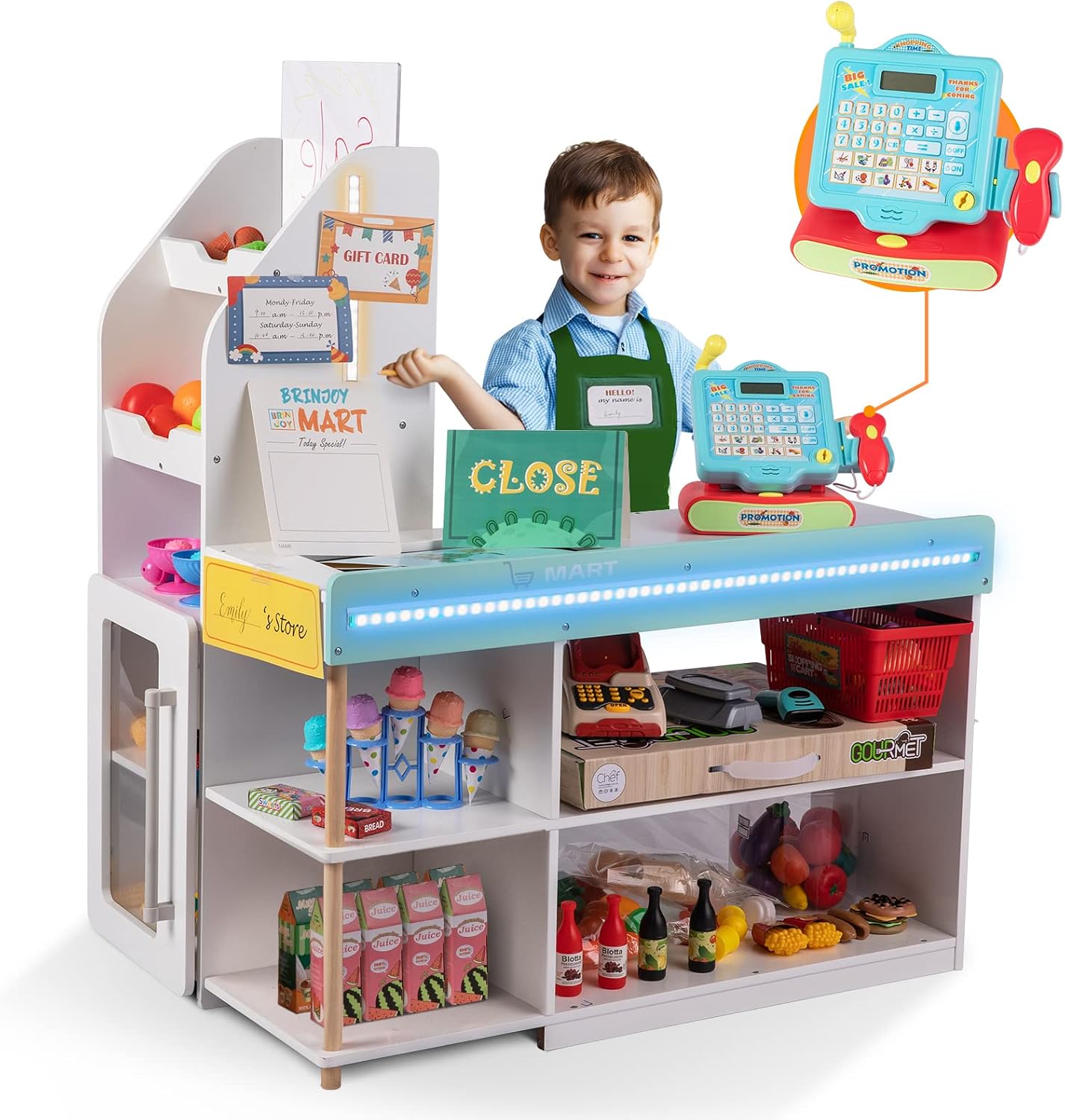 BRINJOY Grocery Store Pretend Play, Kids Play Store Wooden Market Stand with LED Lights&Lighted Acrylic Sheet, Supermarket Toy Includes Cash Register, Shopping Bag, Apron, for Girls Boys Children