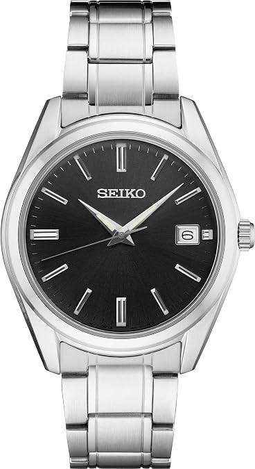 SEIKO SUR311 Watch for Men - Essentials - Black Dial, Date Calendar, LumiBrite Hands, Stainless Steel Case & Bracelet, and 100m Water Resistant