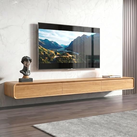 Floating TV unit wall mounted，Rustic Brown Floating TV stand with Doors in TV Media Wall Unit，Modern Entertainment storage TV console for living