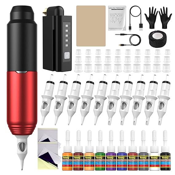 Red Rotary Tattoo Pen Kit 1500mAh LCD Power Supply | Low vibration quiet motor