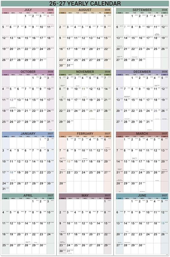 2026-2027 Yearly Wall Calendar - Jul. 2026 - Jun.2027, 34.4" x 22.8" (Open) | Wall Calendar 2026-2027 with Round Sticks, Thick Paper, Vertical