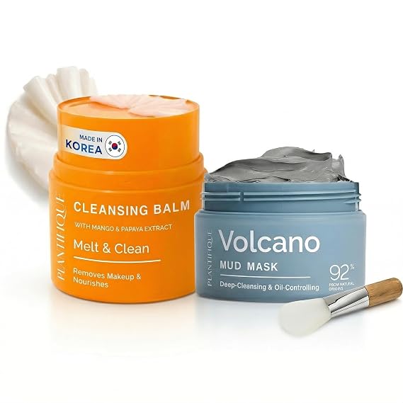 PLANTIFIQUE Korean Volcanic and Dead Sea Mud Mask - Purifies, Refines Pores, Hydrates and Calms, 110g & Korean Cleansing Balm - Removes Waterproof Makeup and Sunscreen,