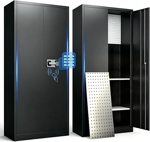 70 H Storage Cabinet Lock Door and Adjustable Shelves, Metal Garage Storage Cabinet for Home,Office,Warehouse, Black Tool Cabinets with Pegboard, File Cabinets for Home Office, Kitchen Pantry Cabinet
