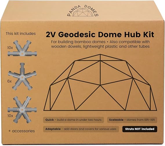 Panda Domes - 2V Geodesic Dome Hub Kit to Build 10ft to 16ft (~ 3m to 5m) Geodomes Using max. 5/8 (16mm) Diameter Bamboo, Timber Plastic Metal Struts (not Included)
