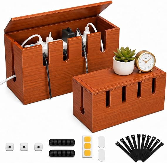 Wooden Cable Tidy Box, Solid Wood Large Cable Management Box to Hide Plugs and Wires, Cord Box with 6 Cable Slots, Cable Organizers Box for Home＆Office (Set of 2)