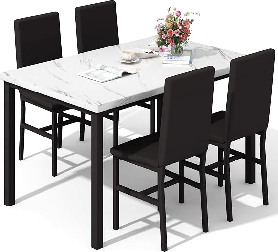 Dining Table Set for 4, Modern Kitchen & Dining Room Sets Faux Marble Table with 4 Leather Chairs for Small Space, Home Kitchen, Apartment, White