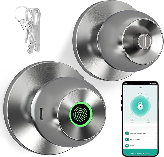 52HZ Smart Fingerprint Door Lock, 3 in 1 Finger Print Door Knob with Tuya App Control & Key, Auto Lock, Thumbprint Keyless Entry Door Lock for Front Door, Home, Apartment, Office, Satin Nickel