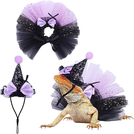 2pcs Bearded Dragon Witch Costume Set Small Pet Adjustable Hat Bow Tutu Skirt Outfits for Lizards Guinea Pigs Bunny Ferrets for Celebrations Halloween Parties (Glitter Purple)