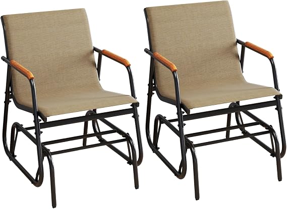 Patio Glider Chair Set of 2,Outdoor Swing Gliding Armchair with Breathable Fabric Seat,Steel Frame,Curved Teak Armrests Gliding Porch Swing Rocking Chair for Garden, Backyard, Patio,Poolside