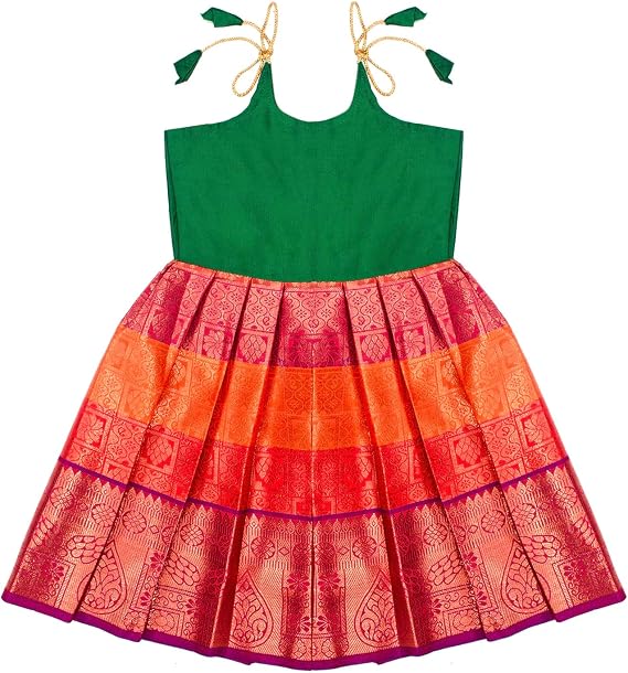 Chandrakala kids pattu Frock for Girls Readymade South Indian Traditional Pattu Pavadai Party Wear Dress (KL119-P)
