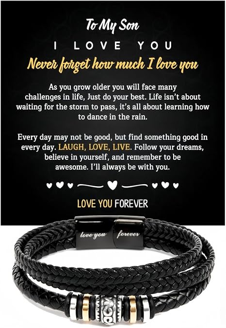 Men's Black Braided Leather Bracelet, Engraved "Love You Forever" 8.3in