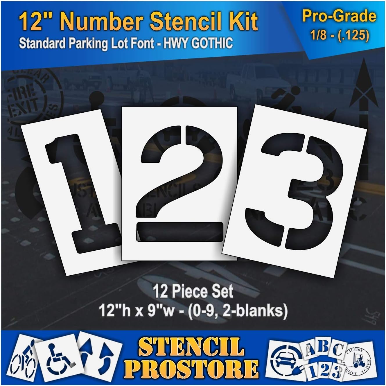 Pavement Stencils - 12 inch Number KIT Stencil Set - (12 Piece) - 12" x 9" x 1/8" (128 mil) - Pro-Grade
