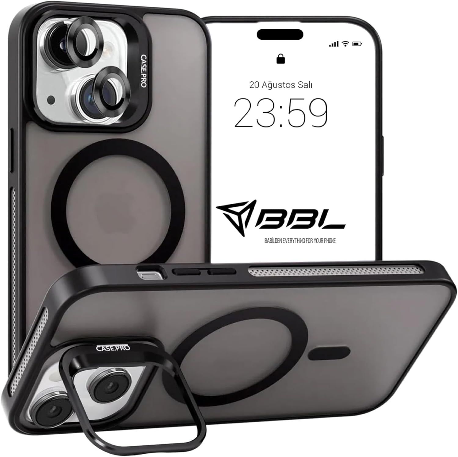 Case for iPhone from Babylon Camera Protected Matte Transparent Color Stand Case with Magsafe Wireless Charging Feature (Lens Gift) (Black, iPhone 13)