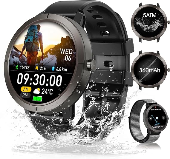 Ultra-high Precision GPS Smart Watches for Men Women, 1.32" Amoled Screen with 24/7 Heart Rate/Health Fitness Watch, 170+ Sports Modes, 5ATM Waterproof, Compatible Android iOS (Black)