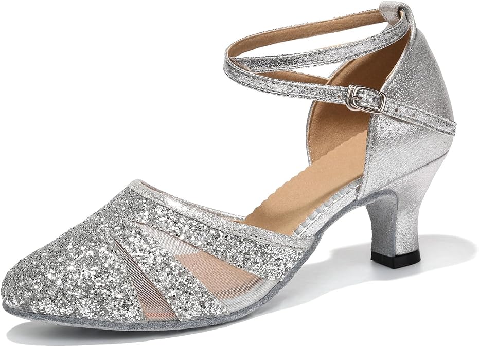 HIPPOSEUS Women's Sequins Latin Ballroom Dance Shoes with Closed Toe Cha-cha Wedding Evening Modern Tango Dance Practice Shoes