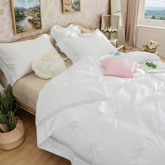 FADFAY Lace Duvet Cover Set White Bedding 100% Cotton 600 TC Farmhouse Bedding Ultra Soft Anti-Fade Elegant & Romantic Guipure Trim Boho Bed Cover with Zipper Closure - Queen