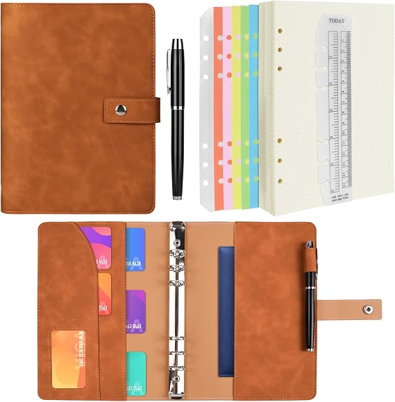 A6 Ring Binder PU Leather Refillable Notebook Binder Brown Notebook with A6 Dot Grid Paper Inner Pockets Index Divider Folder Planner for Travel Work School Personal Organizer