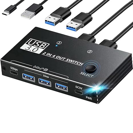 USB 3.0 Switch Selector, USB Switcher 2 Computers Sharing 3X Type A/USB C | USB C Switcher with 3 Cable, Hub PC Mouse Keyboard Hard Drives Printer One Button Switch Adapter with Windows Mac Linux