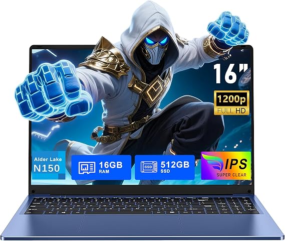 FUNYET Gaming Laptop, 16 Inch Laptop Computer with Win 11 Pro, 12th Gen N150 Processor(up to 3.6GHz), 16GB RAM 512GB SSD, Backlit Keyboard, FHD 1920 * 1200, Bluetooth. Dark Blue.