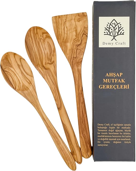 El Yapımı Zeytin Ağacı Mutfak Seti – 3 Parça Doğal Ahşap Kaşık ve Spatula Seti | 30 cm