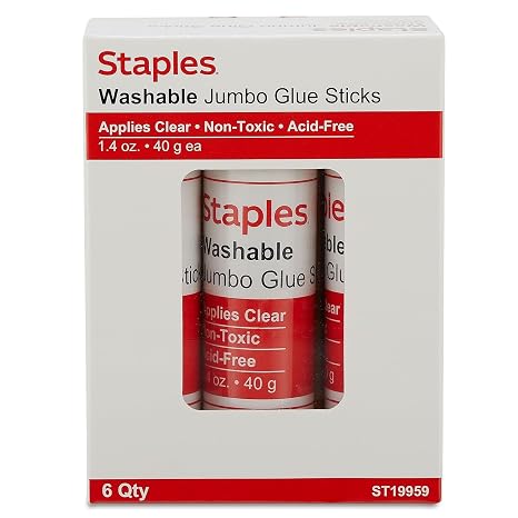 Staples Jumbo Washable Glue Sticks, 1.4 oz., Clear, 6 Pack LargeSize Adhesive for Crafts, Posters & Classroom Projects
