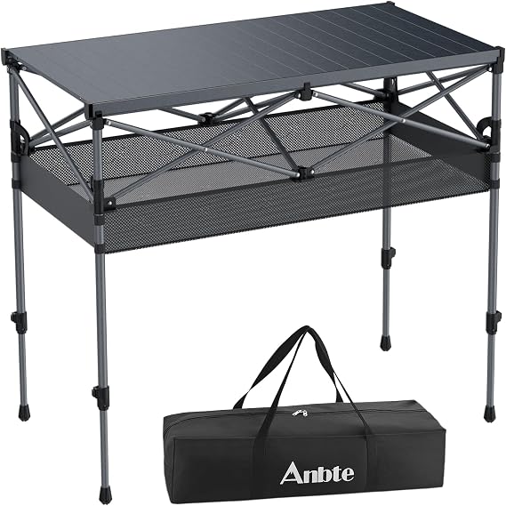 Anbte 34.2 Tall Folding Camping Table, Aluminum Portable, 39 X 20, Black | with Storage Basket & Bag, 2 Adjustable Height, Roll Up Camp Table, Waterproof, Heat Resistant, For Travel BBQ Cooking Patio