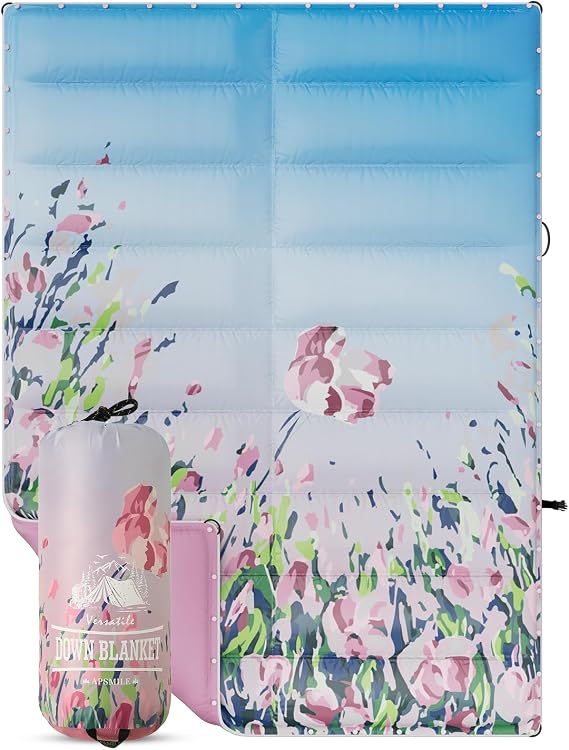 APSMILE Outdoor Down Blanket | Extra Warm & Puffy Camping Blanket | Water-Resistant, Lightweight, Packable Sleeping Quilt for Camp, Travel, Hiking, Picnic, Backpack (Flower Field HD Printed, 52"x75")
