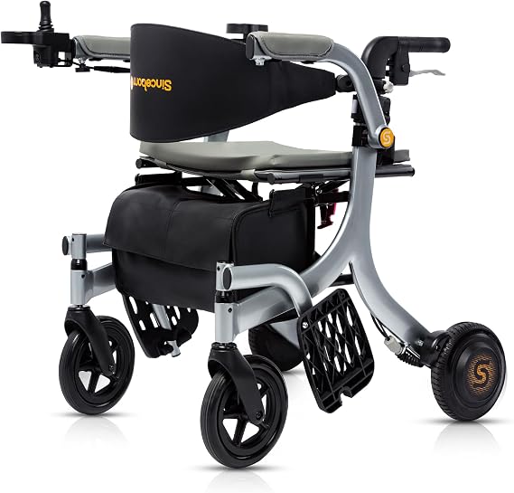 4 in 1 Electric rollator - Versatile Mobility Aid with Seat, Lightweight Foldable Transport Wheelchair & Drive Walker for Seniors, Aluminum Alloy Hertz Silver