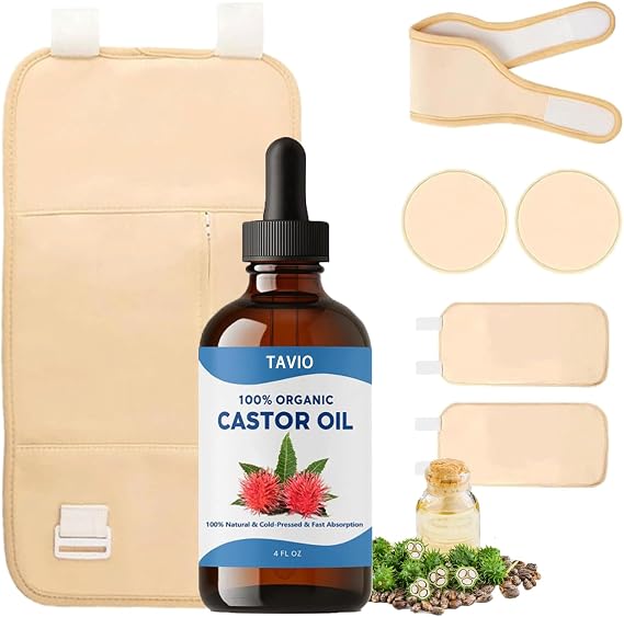 Tavio Castor Oil Pack, Castor Oil Liver Wellness Pack Wrap Kit, Organic Cotton Reusable Pads Kit for Hot/Cold Compress, Muscle Relaxation & Detox (1)