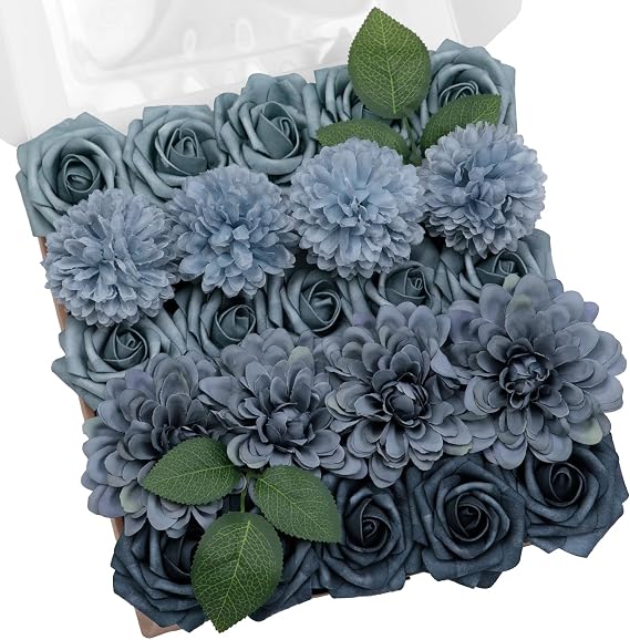 TINGE TIME 23pcs Artificial Flowers Combo, Roses Dahlia Dusty Blue