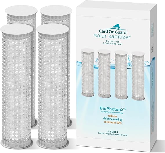 Solar Sanitizer Tube for Swimming Pools and Hot Tubs | BioPhotonX Technology Reduces Chlorine, Bromine Use by Minimum 50% for 12 Months | 4-Pack for Swimming Pools up to 40,000 Gallons