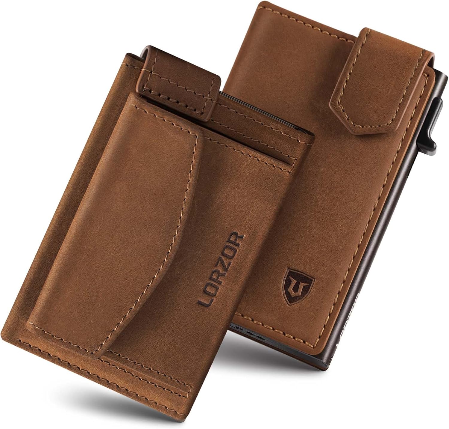 LORZOR Card Holder Magnetic Closure with XXL Coin Pocket, Card Wallet Slim in Genuine Leather, RFID Wallet Small Minimalist Design, Smart Wallets Men for 10 Cards with Banknote Compartment, Gift