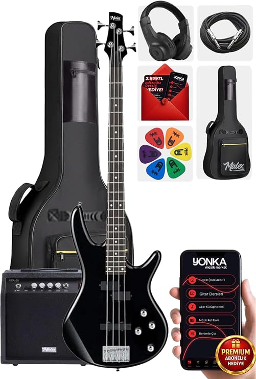 Midex MBG-400BK-20AMP 4 Telli Bas Gitar ve 20W Amfi Gigbag Kulaklık Full Set