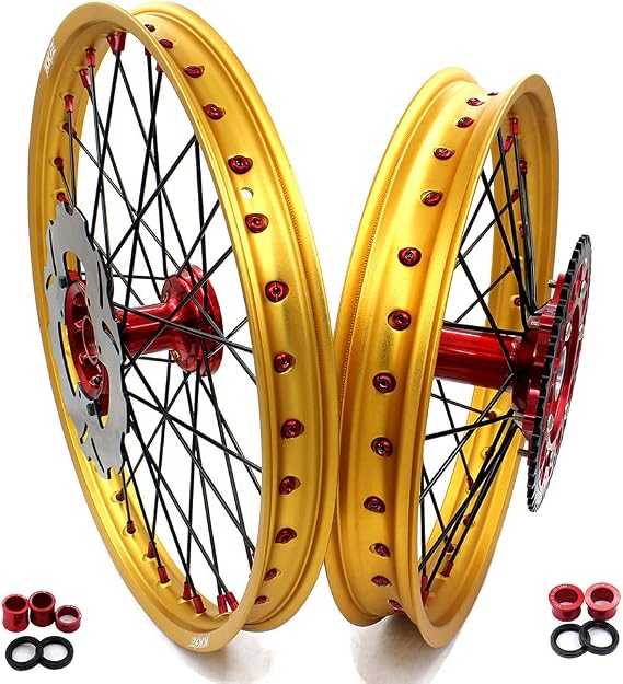 KKE 21'' 19 Inch Cast Wheels for CRF250R 04-2013 CRF450R 02-2012 CR125R CR250R 02-13 MX Dirt Bike Gold Rims Red Nipple Discs