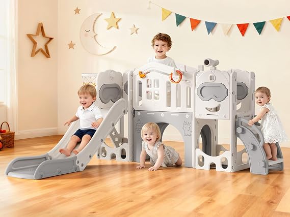 Toddler Slide, 10 in 1 Baby Playset Kids Freestanding Slide Climber with Ring Toss Game Dinosaur Track Basketball Hoop Indoor Outdoor Playground for Toddlers Age 1-3 (Bear)