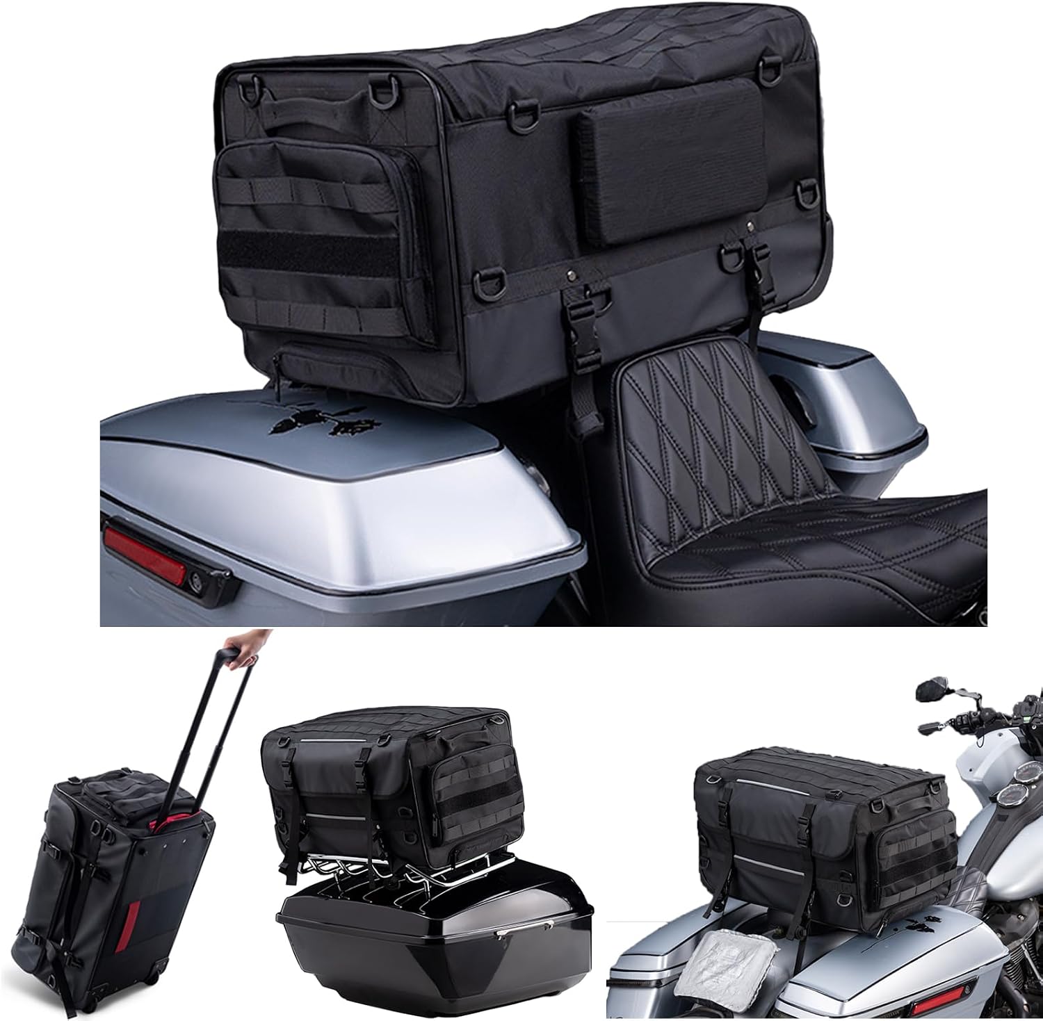 Motorcycle Touring Seat Bag Trolley Case with Wheels, Waterproof Suitcase, Luggage, Duffel, Tail, Tour Trunk, Gear, Rear Rack Bag, Sissy Bar Bag Compatible with Harley 50L13Gallons
