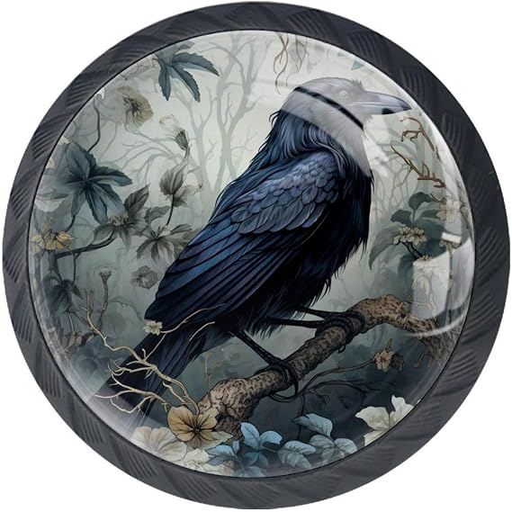 4 Pack Black Cabinet Knobs Forest Raven Dresser Knobs Drawer Pulls Handles Kitchen Cabinet Hardware Round Knobs for Cabinets and Drawers Cupboard Closet Bathroom