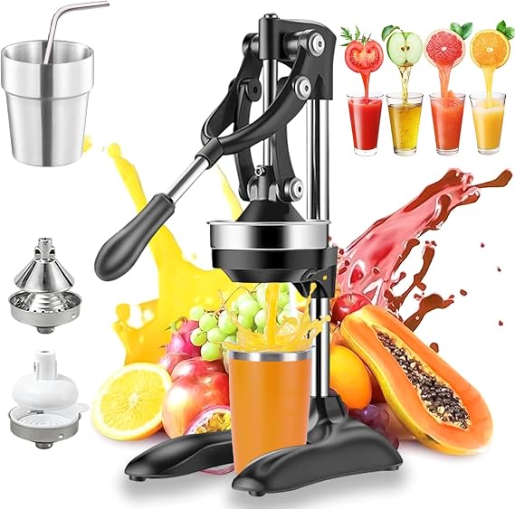 Cast Iron Juicer Hand Press - Easy-to-Clean, Heavy-Duty, Effective Stainless Steel Manual Juicer Fruit Squeezer, Home & Kitchen Professional Manual Citrus Juicer for Lemonade Orange Juice (Black)