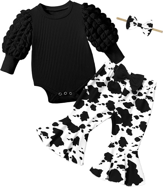 NAPU Baby Girl Clothes Long Sleeve Romper 3Pcs Baby Girl Outfits Flare Pants Set with Headband Fall Baby Girl Winter Clothes