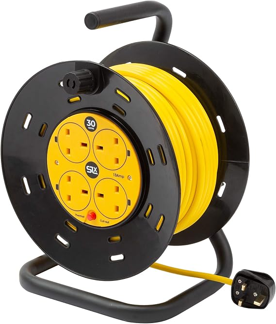 Extension Lead 30m Heavy Duty Cable Reel, 4 Socket Cord Reel UK Plug Socket with Thermal Cut-Out Protection 13A Fused Plug