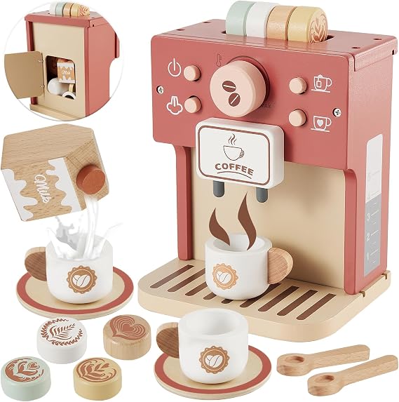 BUYGER Kids Wooden Coffee Machine Set Toy, Cafe Tea Set for 2 Year Old Girl
