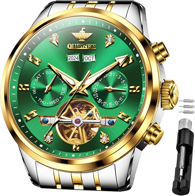 OUPINKE Mens Automatic Watches Mechanical Skeleton Luxury Dress Watch for Man Tungsten Steel Waterproof Luminous Calendar Wristwatch