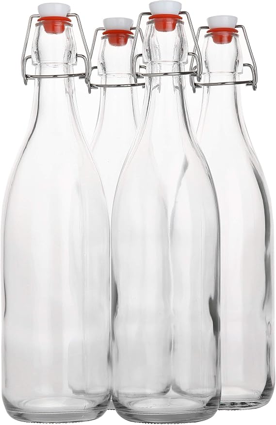 AYL Flip Top Glass Bottle [1 Liter / 33 fl. oz.] [Pack of 4] Swing Brewing Bottle with Stopper for Beverages, Oil, Vinegar, Kombucha, Water, Soda, Kefir Airtight Lid & Leak Proof Cap Clear