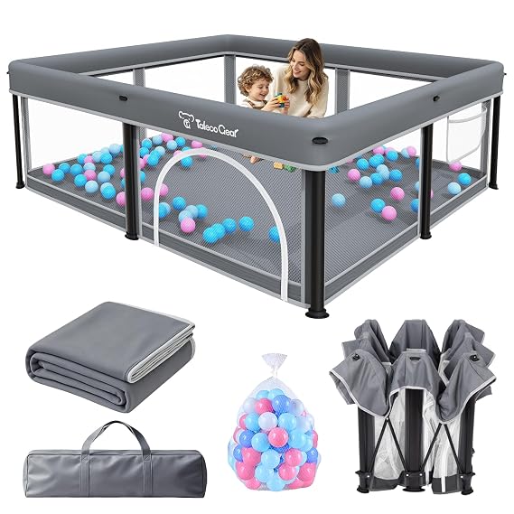 TOREVSIOR Foldable Baby Playpen with Mat, 50"71" F oldable P laypen for Babies and Toddlers, Indoor & Outdoor Kids Safety Play Pen, Portable Play Yard, Foldable Baby Playpen with 50 Ocean Balls
