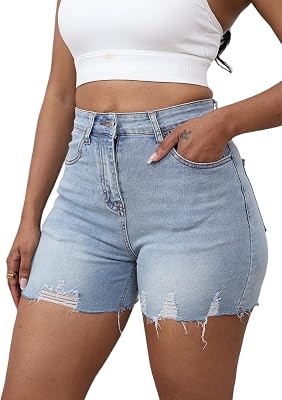Womens Cut Off Denim Jean Shorts High Waisted Stretch Ripped Frayed Raw Hem Denim Pants with Pockets